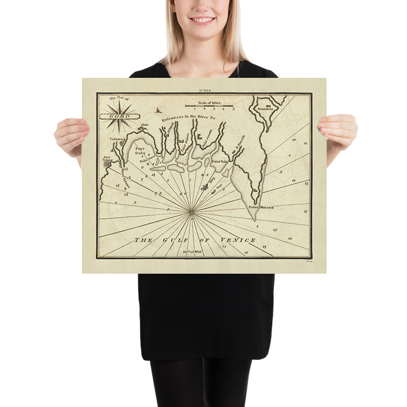 Carta Nautica del Porto Vecchio di Goro di Heather, 1802: Fiume Po, Forte Volano, Golfo di Venezia 