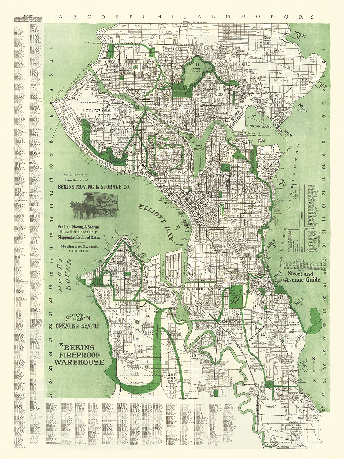 Mapa antiguo de Seattle, 1913: Mercado de Pike Place, Universidad de Washington, Lago Verde, Lago Washington, Torre Smith