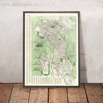 Mapa antiguo de Seattle, 1913: Mercado de Pike Place, Universidad de Washington, Lago Verde, Lago Washington, Torre Smith