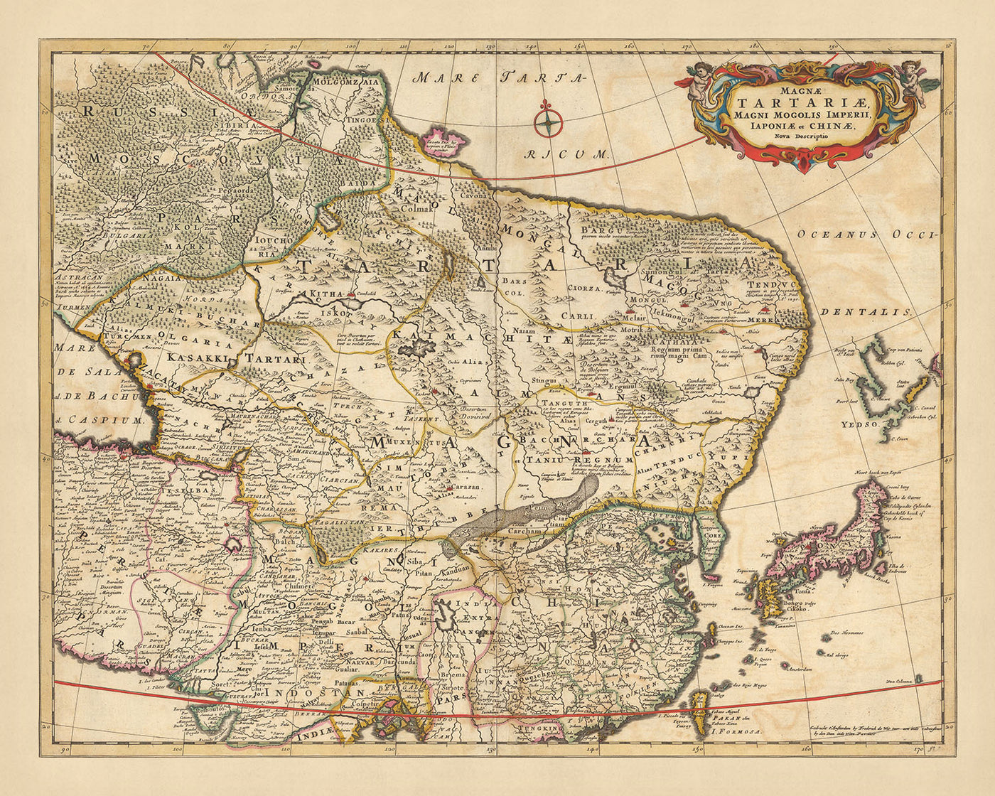Old Map of Greater Tartary, the Great Mogul's Empire, Japan, and China by Visscher, 1690: East Asia, Central Asia, Beijing, Tokyo, Himalayas