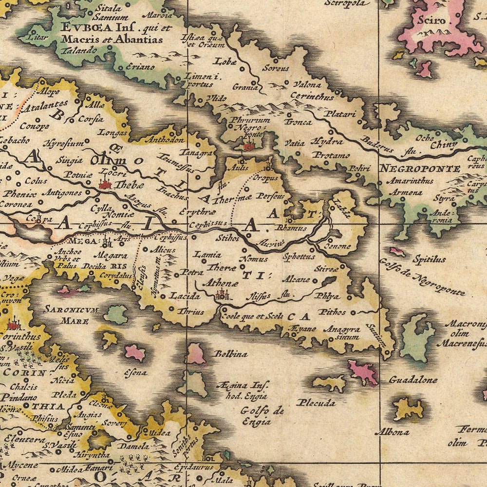 Mapa antiguo de Grecia, Turquía y el Egeo por Visscher, 1690: Atenas, Creta, Islas Sarónicas, Cícladas, Dodecaneso