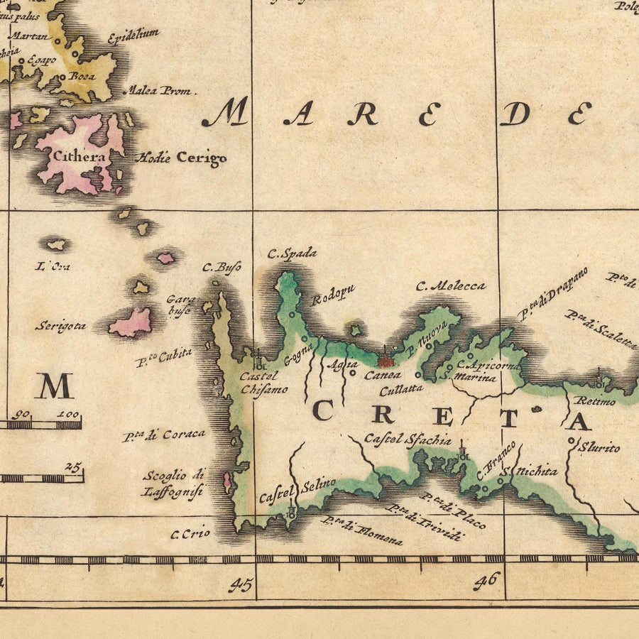 Mappa antica di Grecia, Turchia e Aegeo di Visscher, 1690: Atene, Creta, Isole Saroniche, Cicladi, Dodecaneso 