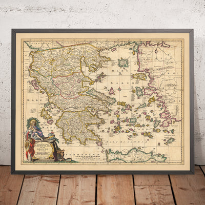 Ancienne carte de la Grèce, de la Turquie et de la mer Égée par Visscher, 1690 : Athènes, Crète, îles Saroniques, Cyclades, Dodécanèse