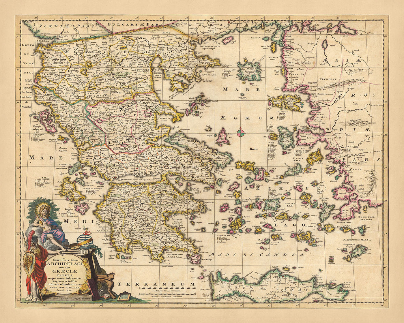 Mapa antiguo de Grecia, Turquía y el Egeo por Visscher, 1690: Atenas, Creta, Islas Sarónicas, Cícladas, Dodecaneso