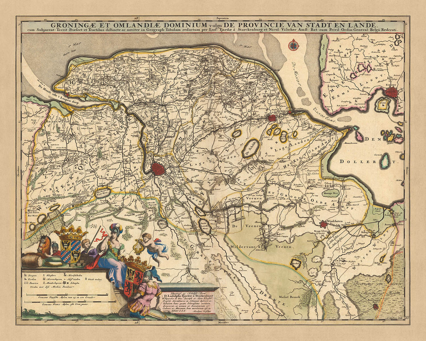 Mapa antiguo de Groningen y Omland por Visscher, 1690: Emden, Winschoten, Veendam, Delfzijl, Museo de la Fortaleza de Bourtange