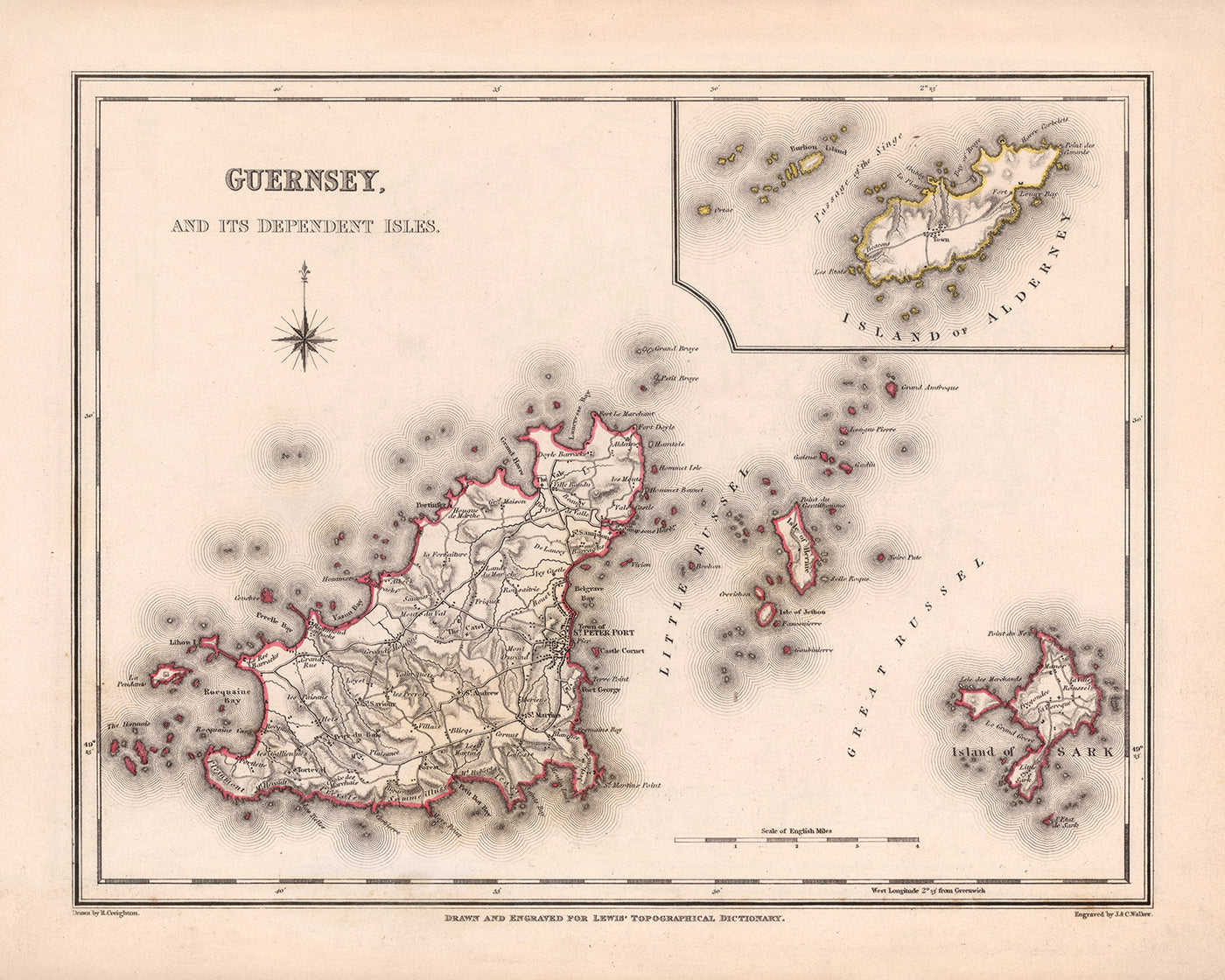 Mapa antiguo de Guernsey por Samuel Lewis, 1844: St. Peter Port, St. Sampson, Vale, Castel, Sark