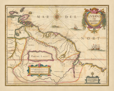 Ancienne carte de la Guyane et de l'Amazonie par Nicolaes Visscher II, 1690 : Trinité-et-Tobago, Suriname, Amapá, Pará, Guyane