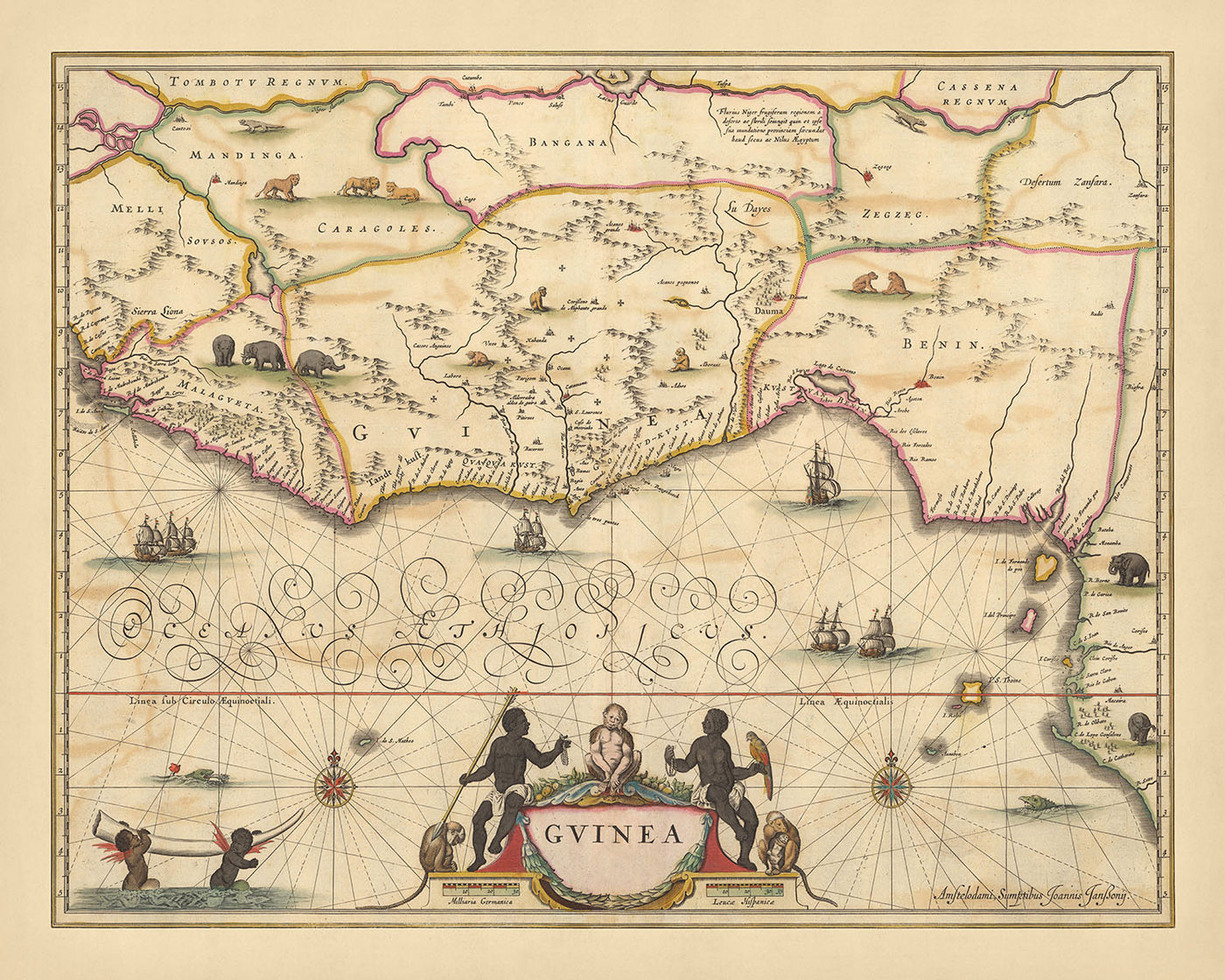 Ancienne carte de Guinée par Visscher, 1690 : Afrique de l'Ouest, Lomé, Lagos, Abidjan, fleuve Niger