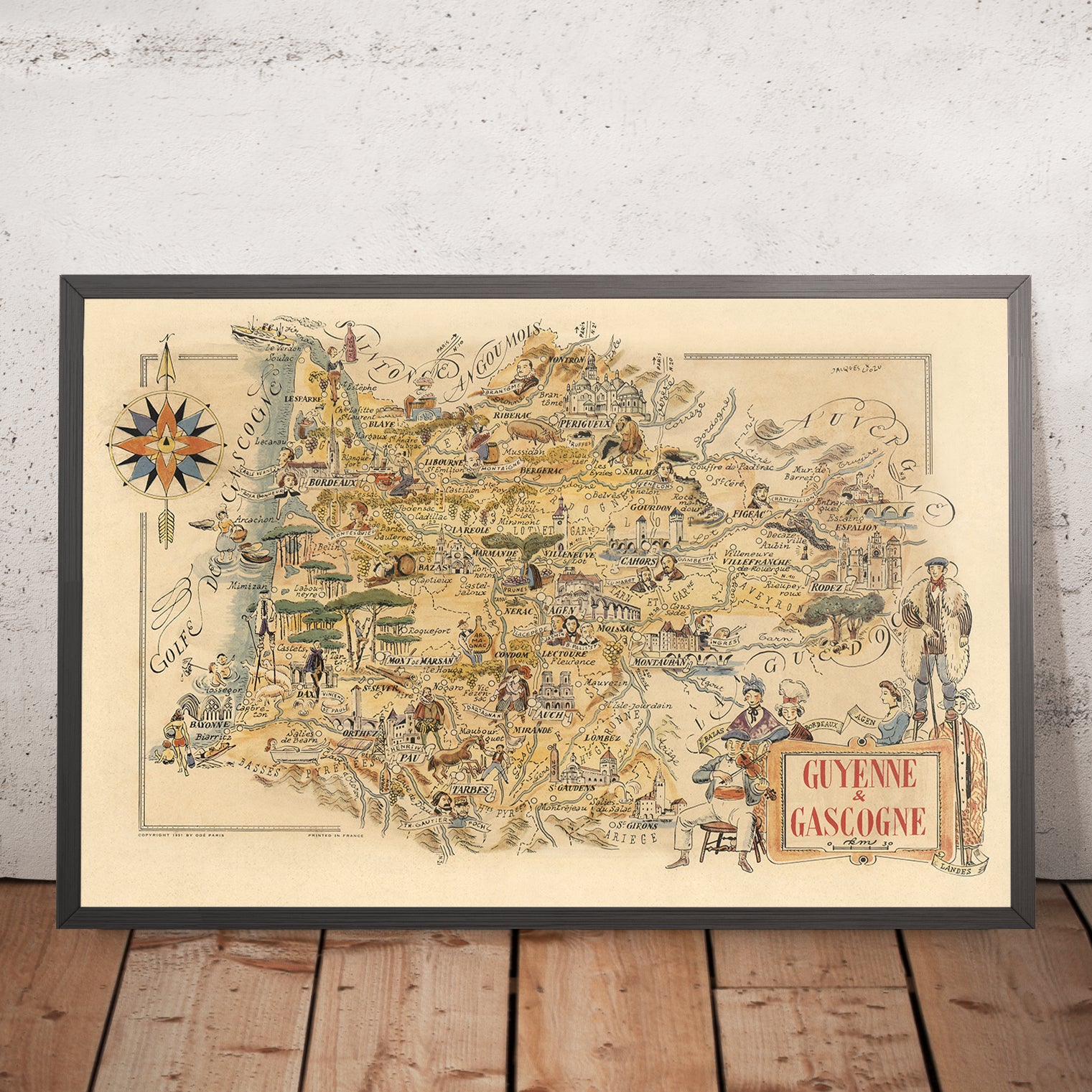 Old Pictorial Map of Guyenne & Gascogne by Liozu, 1951: Bordeaux, Pau ...