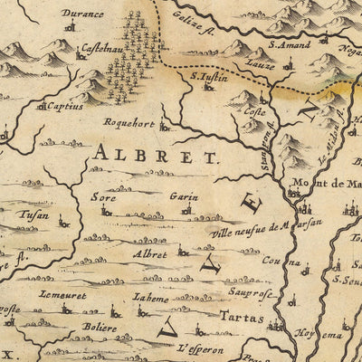Ancienne carte de Guyenne, France par Visscher, 1690 : Toulouse, Bordeaux, Donostia-San-Sebastian, Pau, Pyrénées