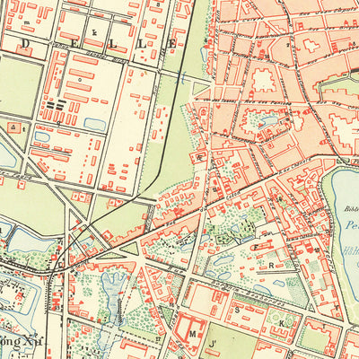 Ancienne carte de Hanoï, 1902 : Cité impériale, fleuve Rouge, pont Long Bien, Opéra, Temple de la Littérature