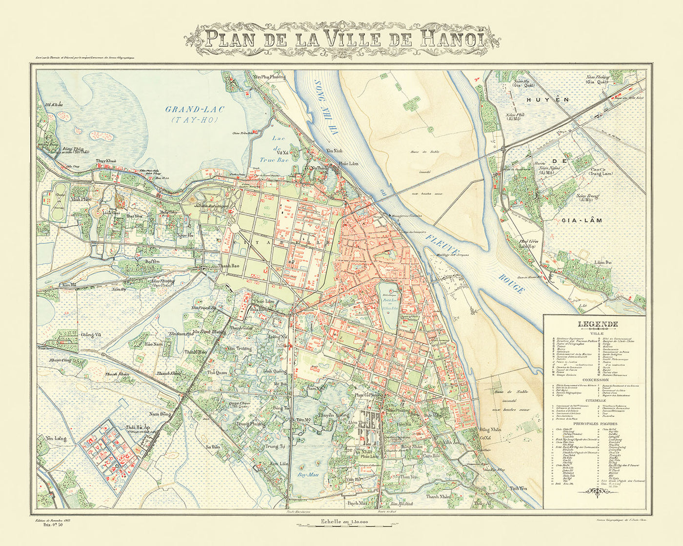Ancienne carte de Hanoï, 1902 : Cité impériale, fleuve Rouge, pont Long Bien, Opéra, Temple de la Littérature
