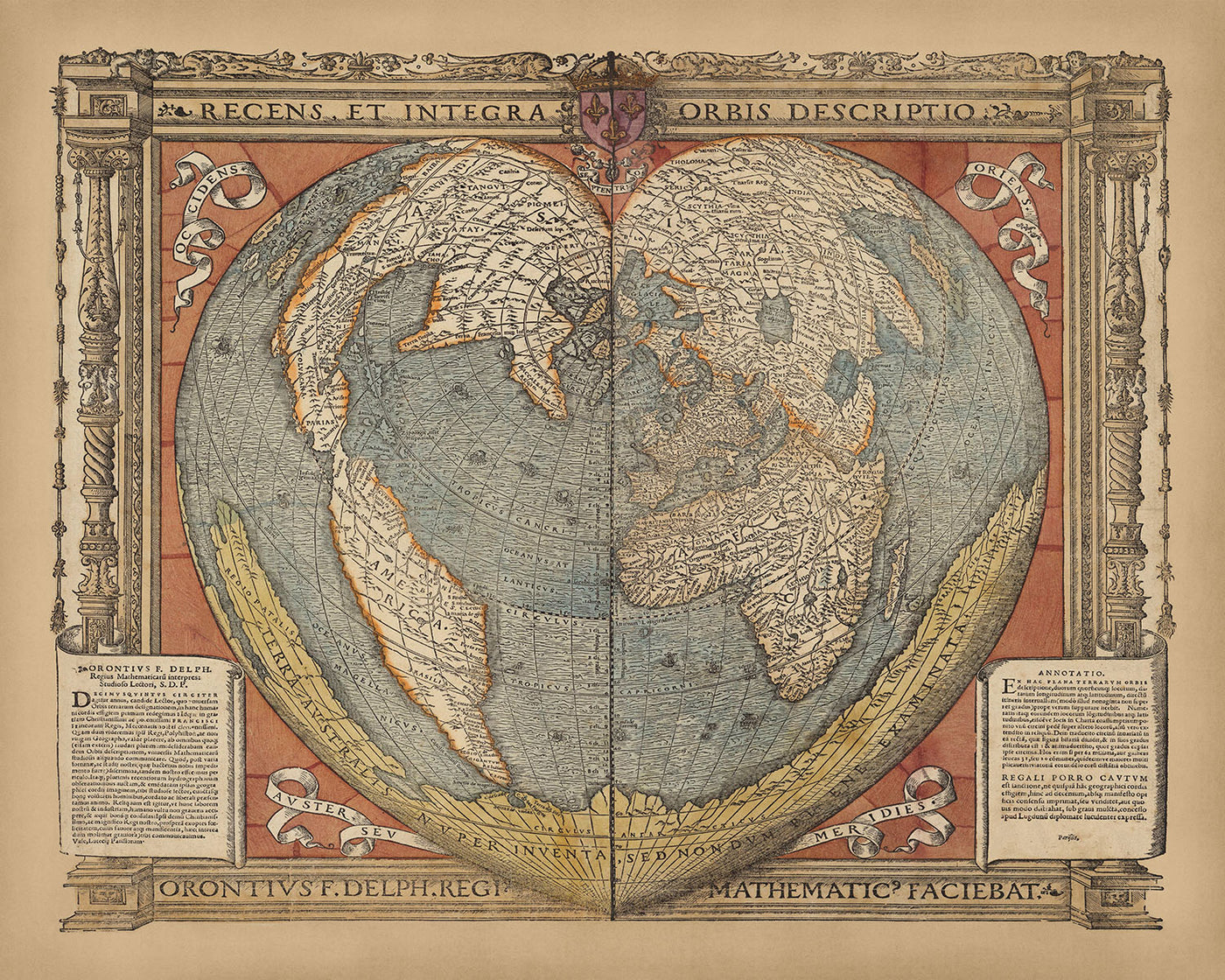 Old Heart-Shaped World Map by Fine, 1534: Cordiform Projection, Terra Australis, Latin Annotations