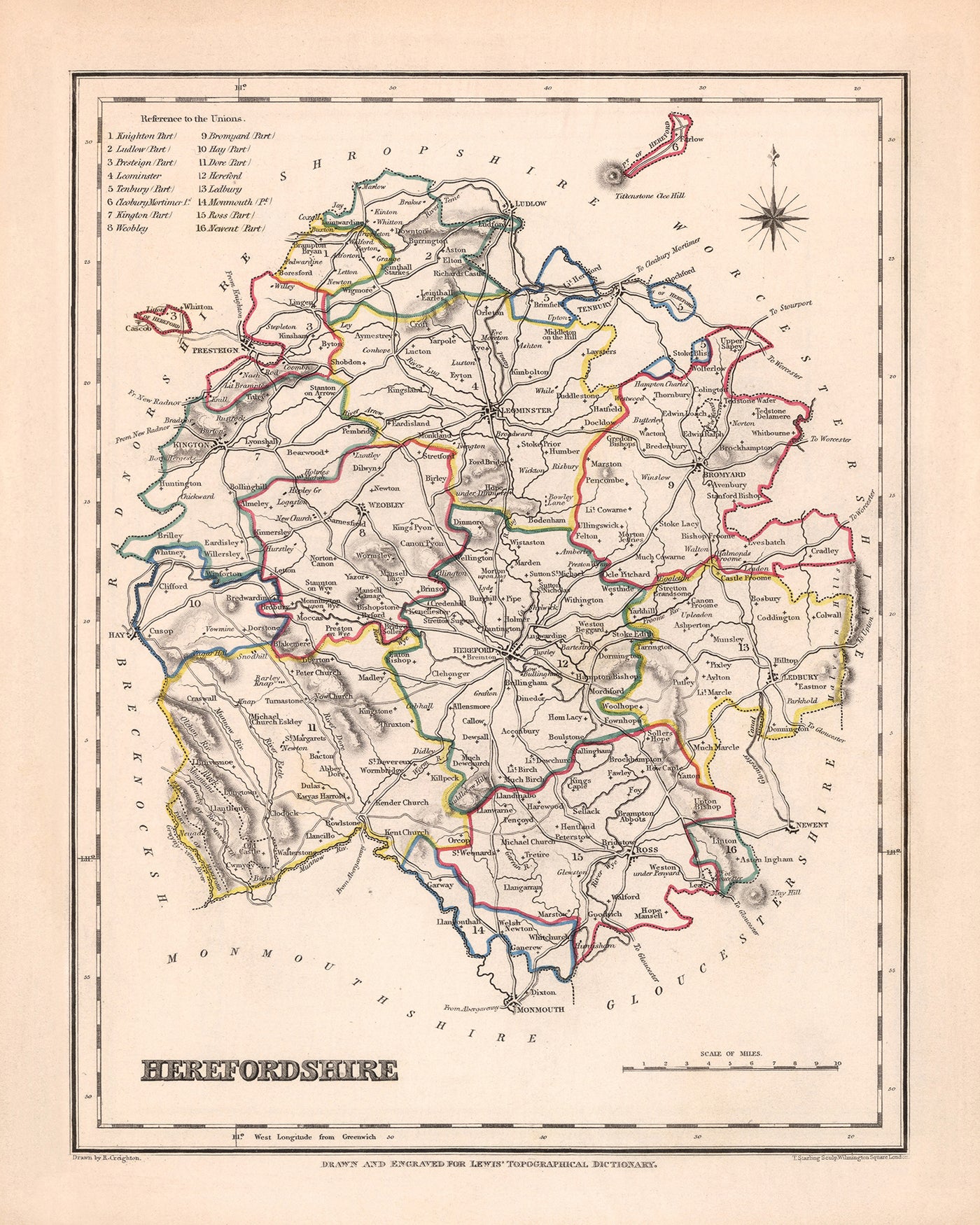 Ancienne carte du Herefordshire par Samuel Lewis, 1844 : Ledbury, Leominster, Ross-on-Wye, Bromyard, Hay-on-Wye