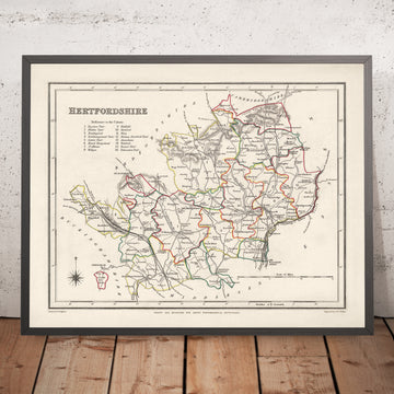 Alte Karte von Hertfordshire von Samuel Lewis, 1844: St Albans, Watford, Hemel Hempstead, Stevenage, Hitchin 