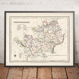 Ancienne carte du Hertfordshire par Samuel Lewis, 1844 : St Albans, Watford, Hemel Hempstead, Stevenage, Hitchin