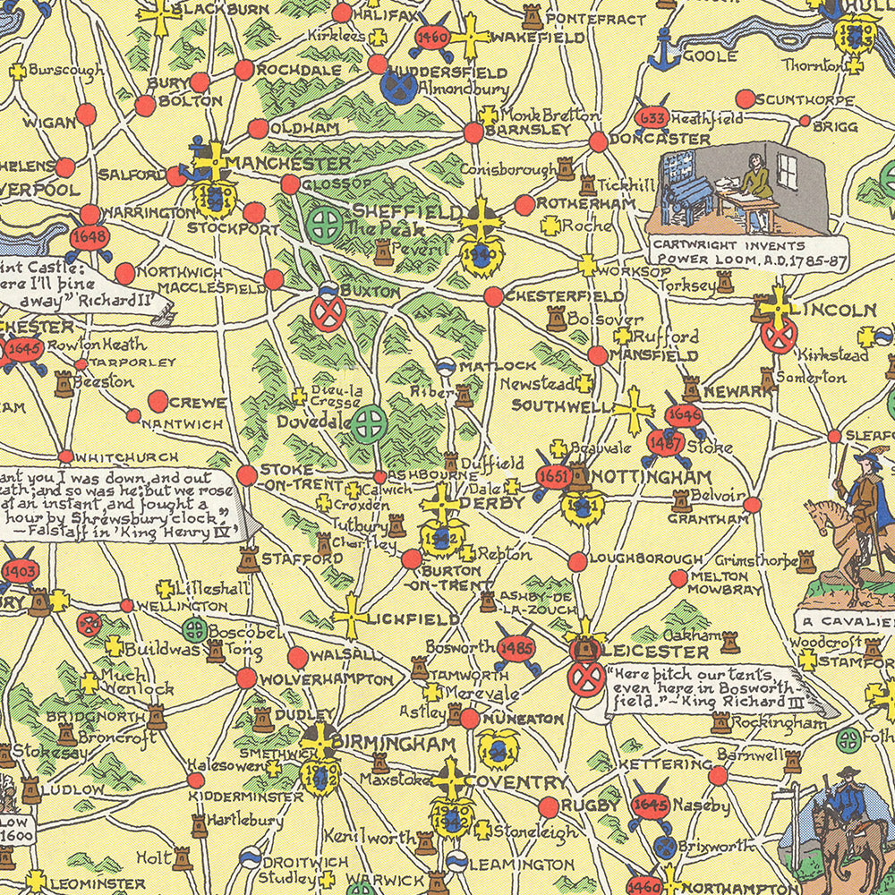Alte historische Karte von England und Wales von Bullock, 1958: Schlachten, Ereignisse, berühmte Personen, Stadtwappen