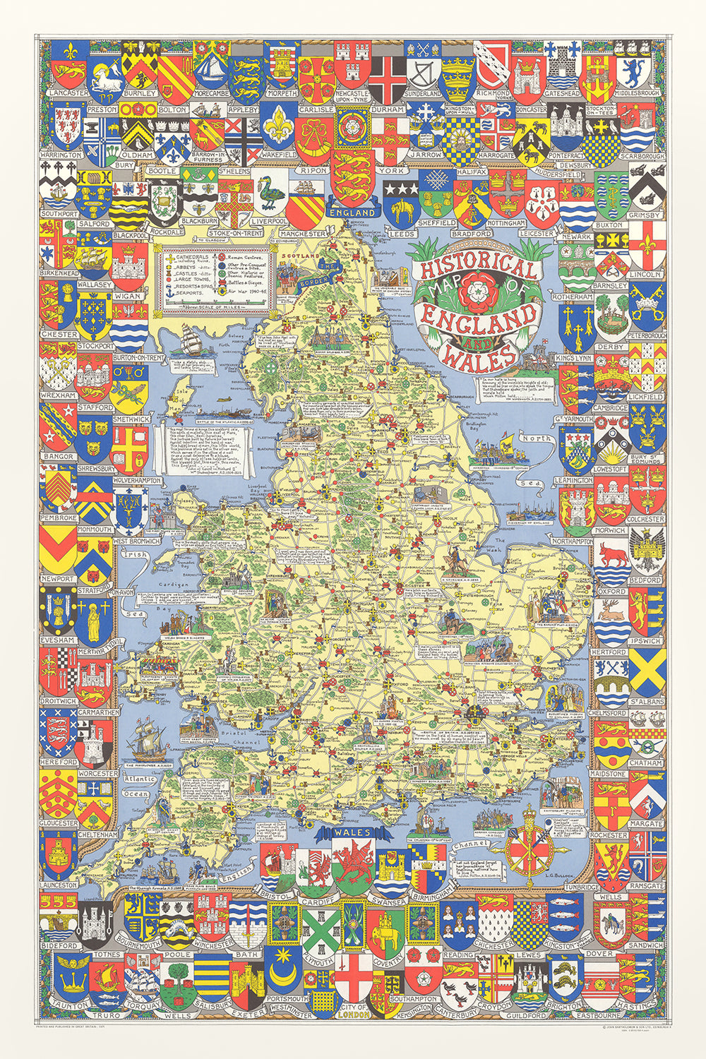 Alte historische Karte von England und Wales von Bullock, 1958: Schlachten, Ereignisse, berühmte Personen, Stadtwappen