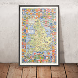 Old Historical Map of England & Wales by Bullock, 1958: Battles, Events, Famous People, City Coats of Arms