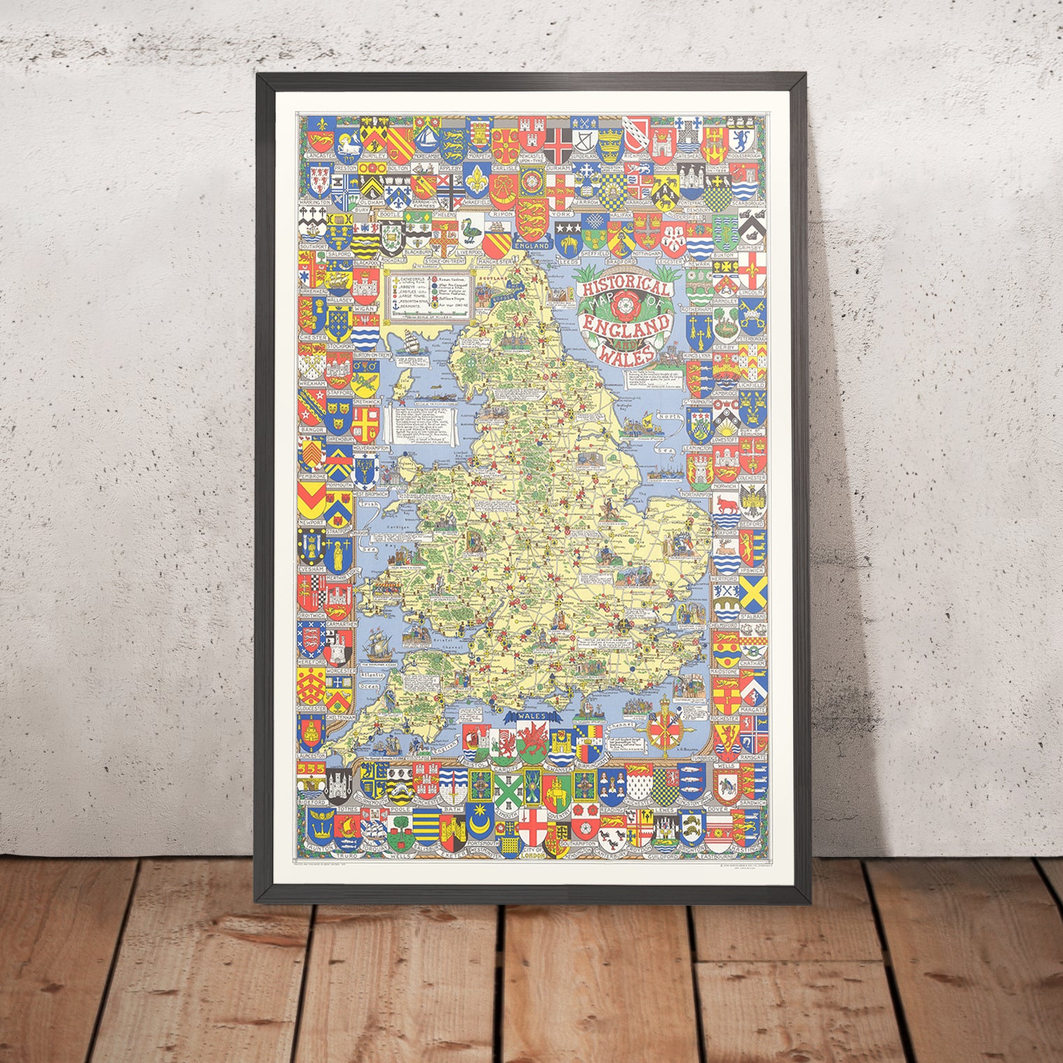 Alte historische Karte von England und Wales von Bullock, 1958: Schlachten, Ereignisse, berühmte Personen, Stadtwappen