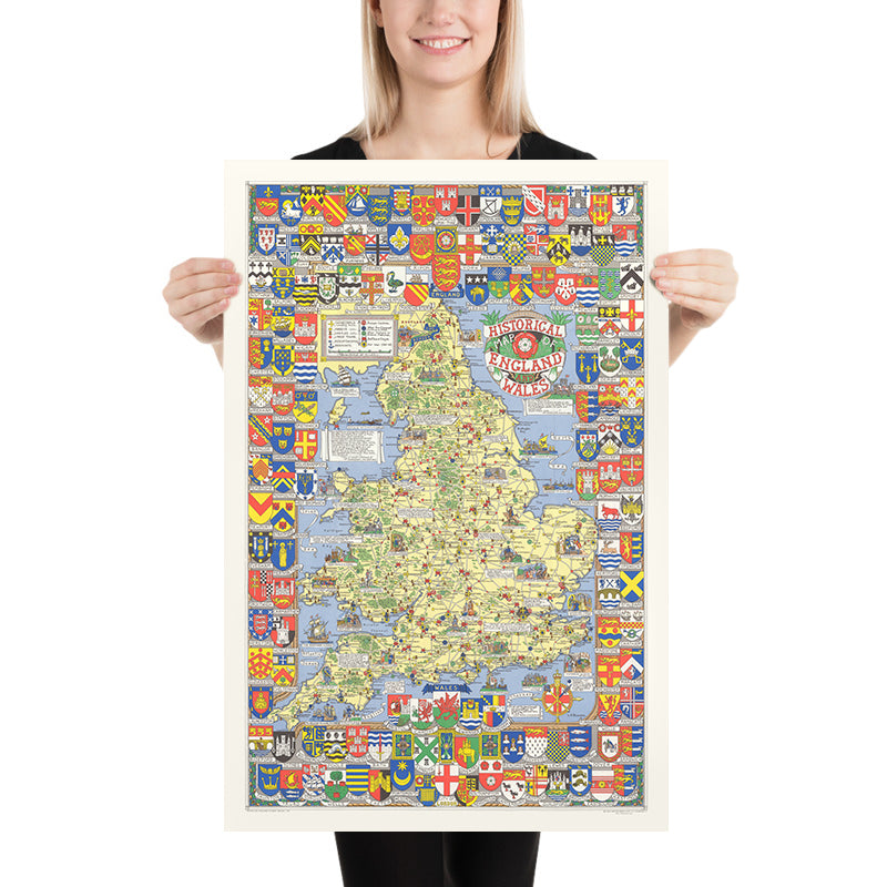 Alte historische Karte von England und Wales von Bullock, 1958: Schlachten, Ereignisse, berühmte Personen, Stadtwappen