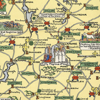 Ancienne carte picturale de l'Irlande par Bullock, 1955 : Dublin, Belfast, Invasion viking, Invasion française, Clans