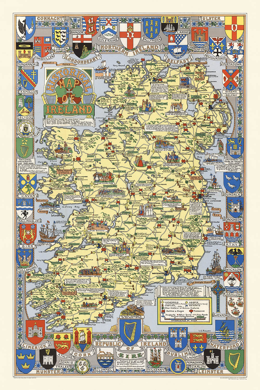 Ancienne carte picturale de l'Irlande par Bullock, 1955 : Dublin, Belfast, Invasion viking, Invasion française, Clans