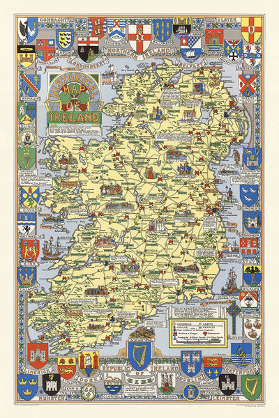 Old Pictorial Map of Ireland by Bullock, 1955: Historic Battles, Family Names, Coats of Arms