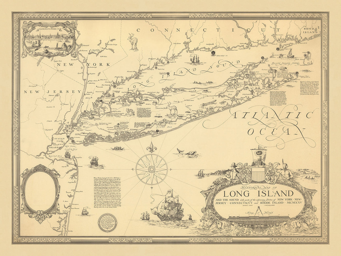 Alte Bildkarte von Long Island von Clegg, 1925: New York City, Long Island Sound, historische Sehenswürdigkeiten, Seewege, frühe Siedlungen