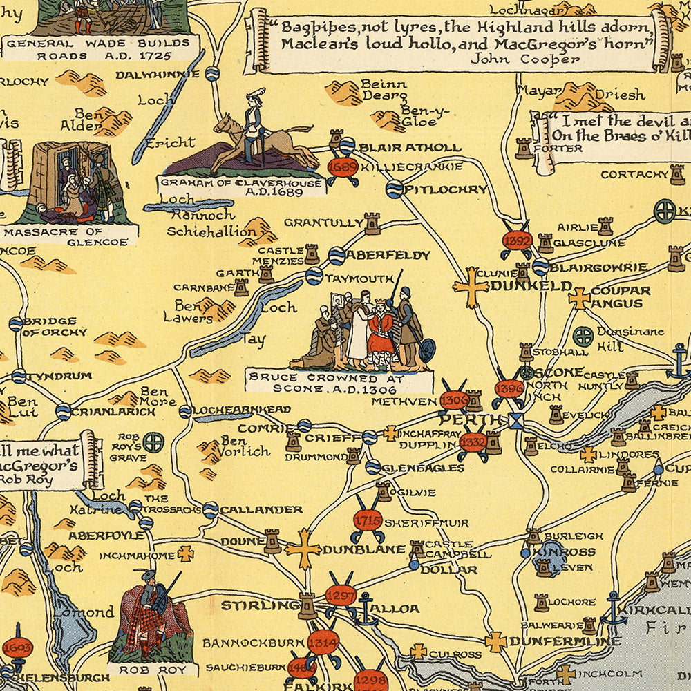 Alte Bildkarte von Schottland von Bullock, 1950: Clans, Tartans, Schlachten, Burgen, Wildtiere