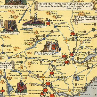 Ancienne carte picturale de l'Écosse par Bullock, 1950 : clans, tartans, batailles, châteaux, faune