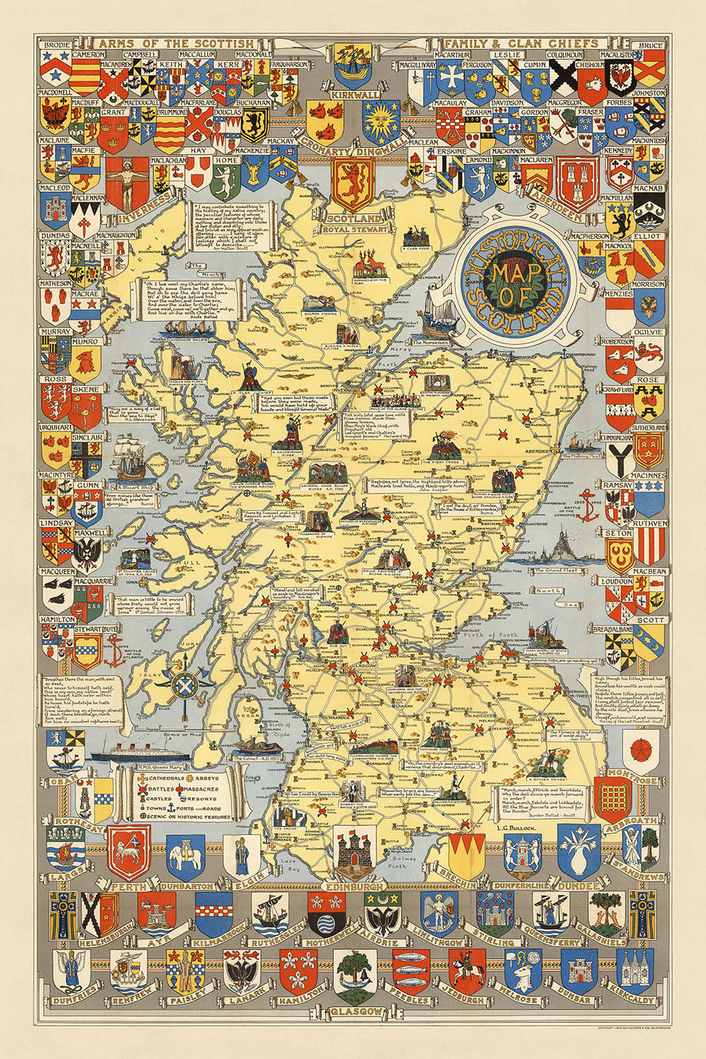 Antiguo mapa pictórico de Escocia de Bullock, 1950: clanes, tartanes, batallas, castillos, vida silvestre
