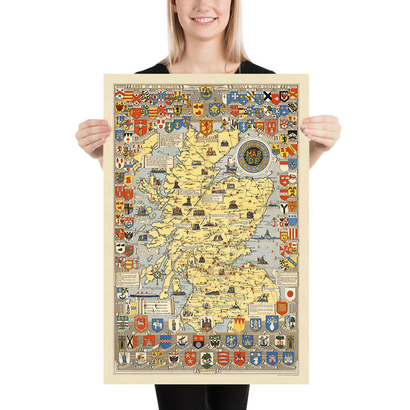 Scotland Map Loco Old Historical Map of Scotland by Bullock, 1950: Clans, Tartans, Battl ...