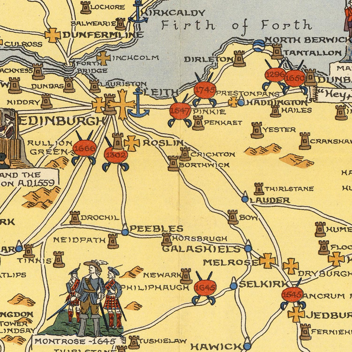 Antigua Mapa Histórico de Escocia por Bullock, 1950: Clanes, Tartanes, Batallas, Castillos, Vida Silvestre, Escudos de Armas 