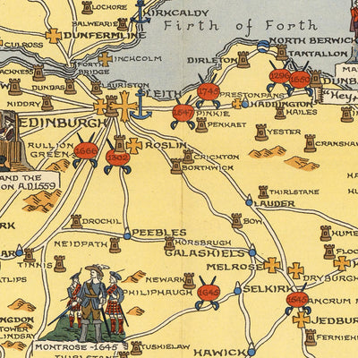 Antigua Mapa Histórico de Escocia por Bullock, 1950: Clanes, Tartanes, Batallas, Castillos, Vida Silvestre, Escudos de Armas 