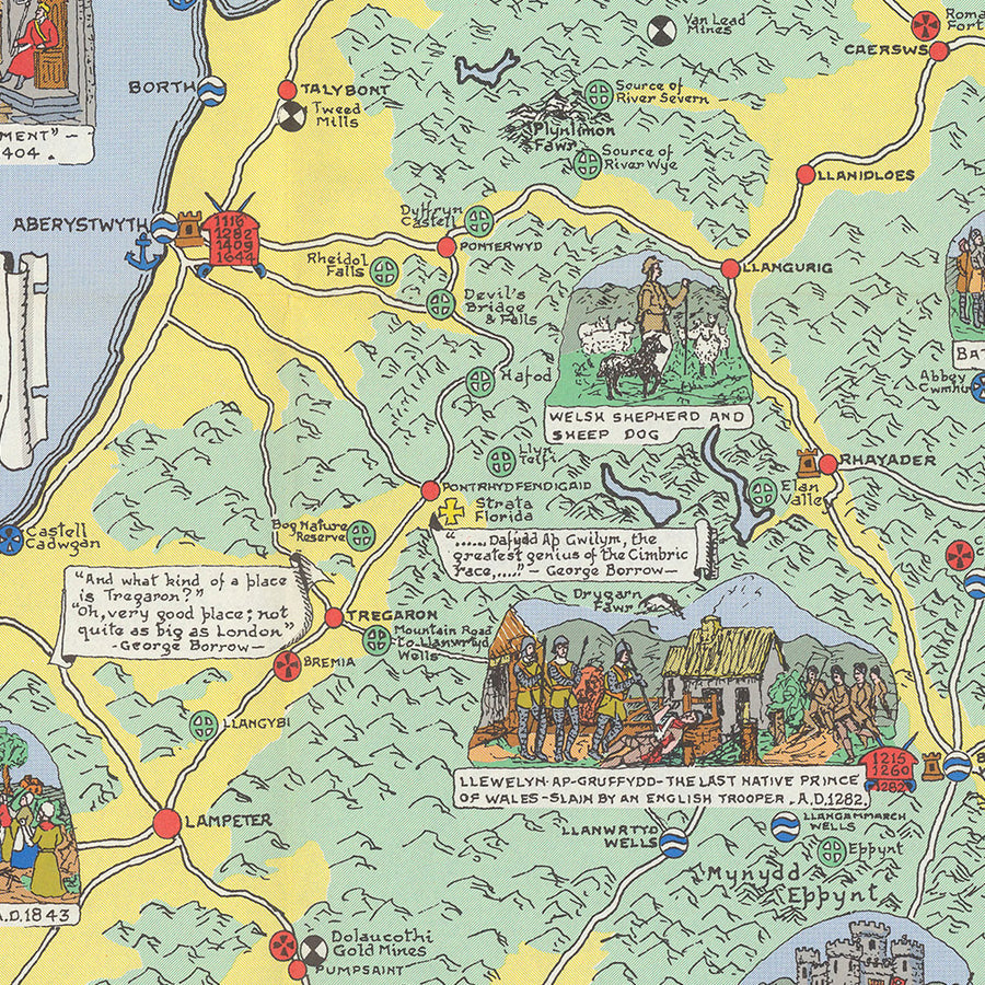 Ancienne carte picturale du Pays de Galles par Bullock, 1966 : châteaux, cathédrales, batailles, armoiries