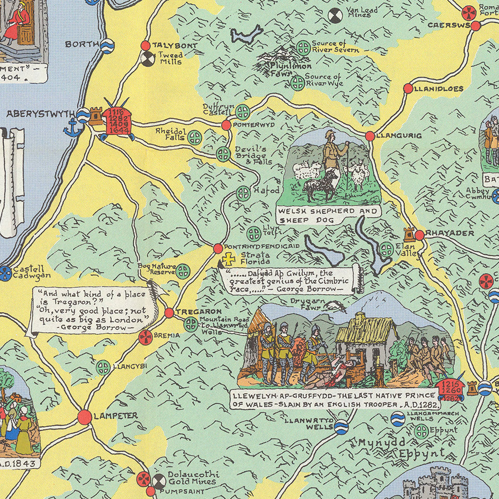 Ancienne carte picturale du Pays de Galles par Bullock, 1966 : châteaux, cathédrales, batailles, armoiries