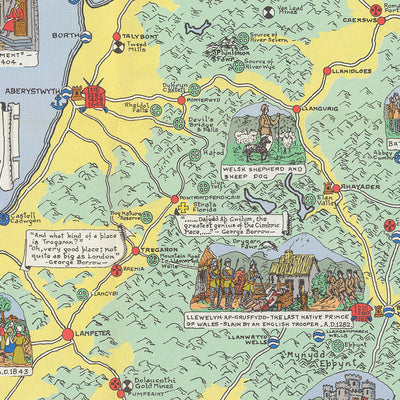 Antiguo mapa pictórico de Gales de Bullock, 1966: castillos, catedrales, batallas, escudos de armas
