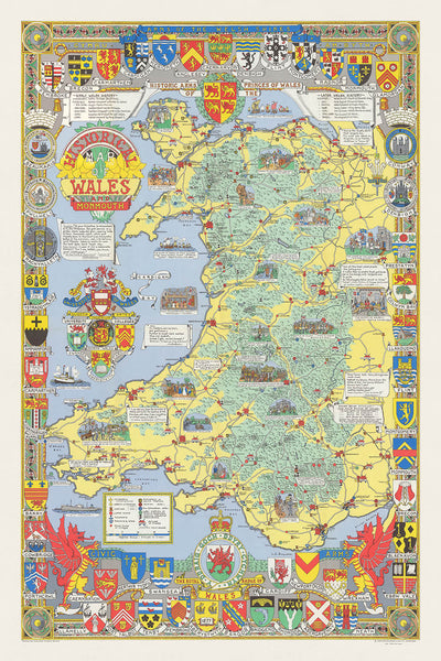 Antiguo mapa pictórico de Gales de Bullock, 1966: castillos, catedrales, batallas, escudos de armas