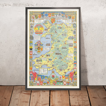 Alte bildliche Karte von Wales von Bullock, 1966: Burgen, Kathedralen, Schlachten, Wappen 