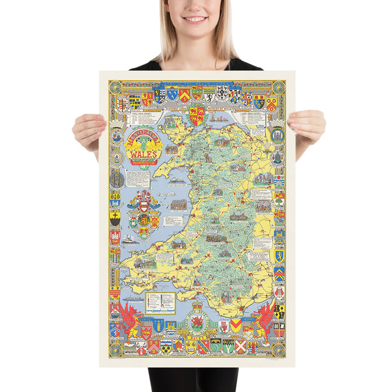 Ancienne carte picturale du Pays de Galles par Bullock, 1966 : châteaux, cathédrales, batailles, armoiries