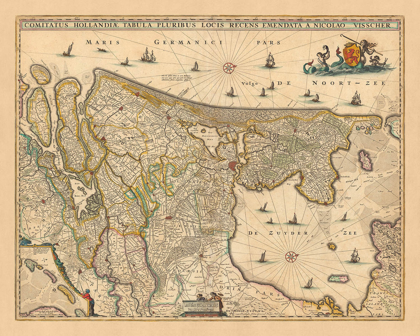 Old Map of Holland by Visscher, 1690: Amsterdam, Rotterdam, The Hague, Utrecht, Leiden