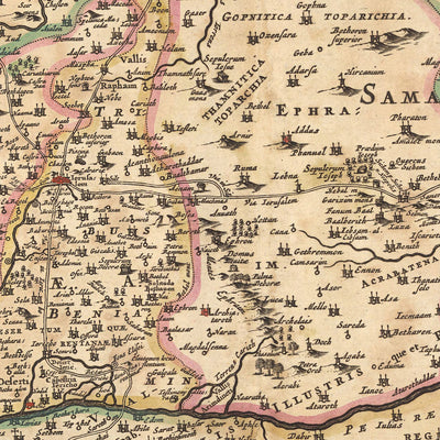 Ancienne carte de la Terre Sainte par Visscher, 1690 : Tribus d'Israël, Moïse, Jérusalem, Nazareth, Cisjordanie, Haïfa, Mer Morte