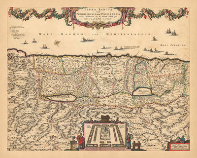 Ancienne carte de la Terre Sainte par Visscher, 1690 : Tribus d'Israël, Moïse, Jérusalem, Nazareth, Cisjordanie, Haïfa, Mer Morte