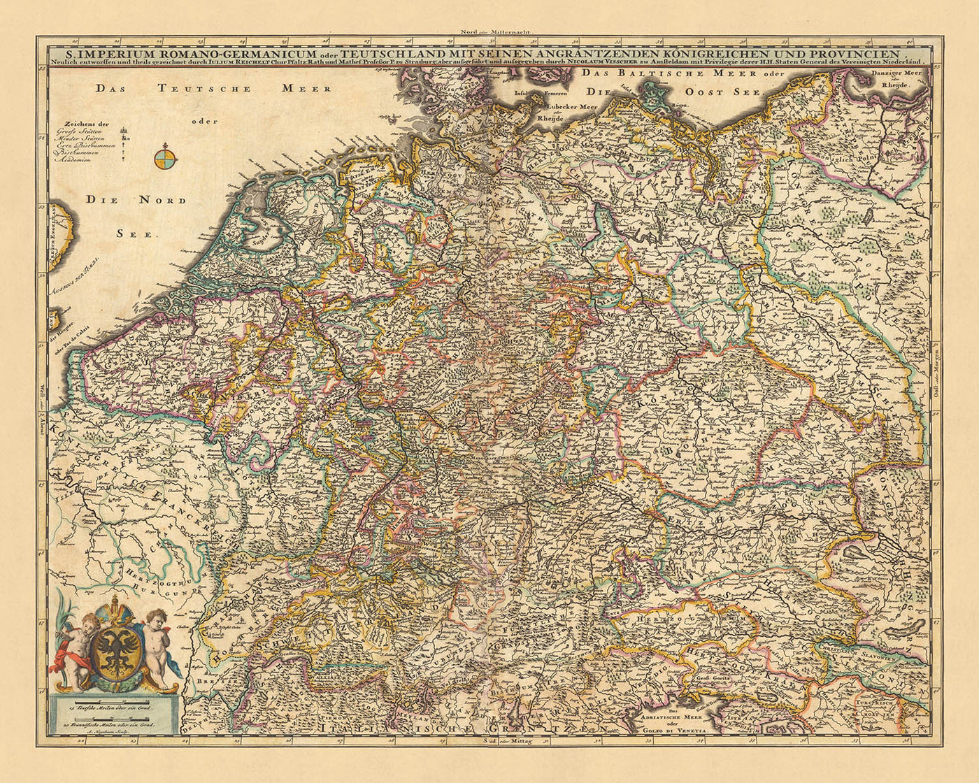 Old Map of Holy Roman Empire by Nicolaes Visscher II, 1690: Paris, Berlin, Brussels, Amsterdam, Vienna