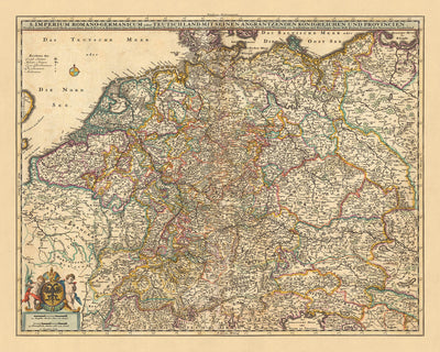 Ancienne carte du Saint Empire romain par Nicolaes Visscher II, 1690 : Paris, Berlin, Bruxelles, Amsterdam, Vienne