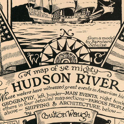 Ancienne carte picturale de la rivière Hudson par Waugh, 1958 : West Point, Albany, Saratoga Springs, Henry Hudson, Mary Powell