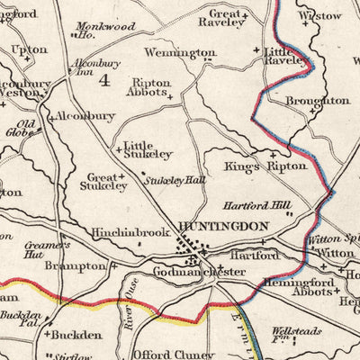 Mapa antiguo de Huntingdonshire por Samuel Lewis, 1844: St. Ives, St. Neots, Ramsey, Godmanchester y Kimbolton