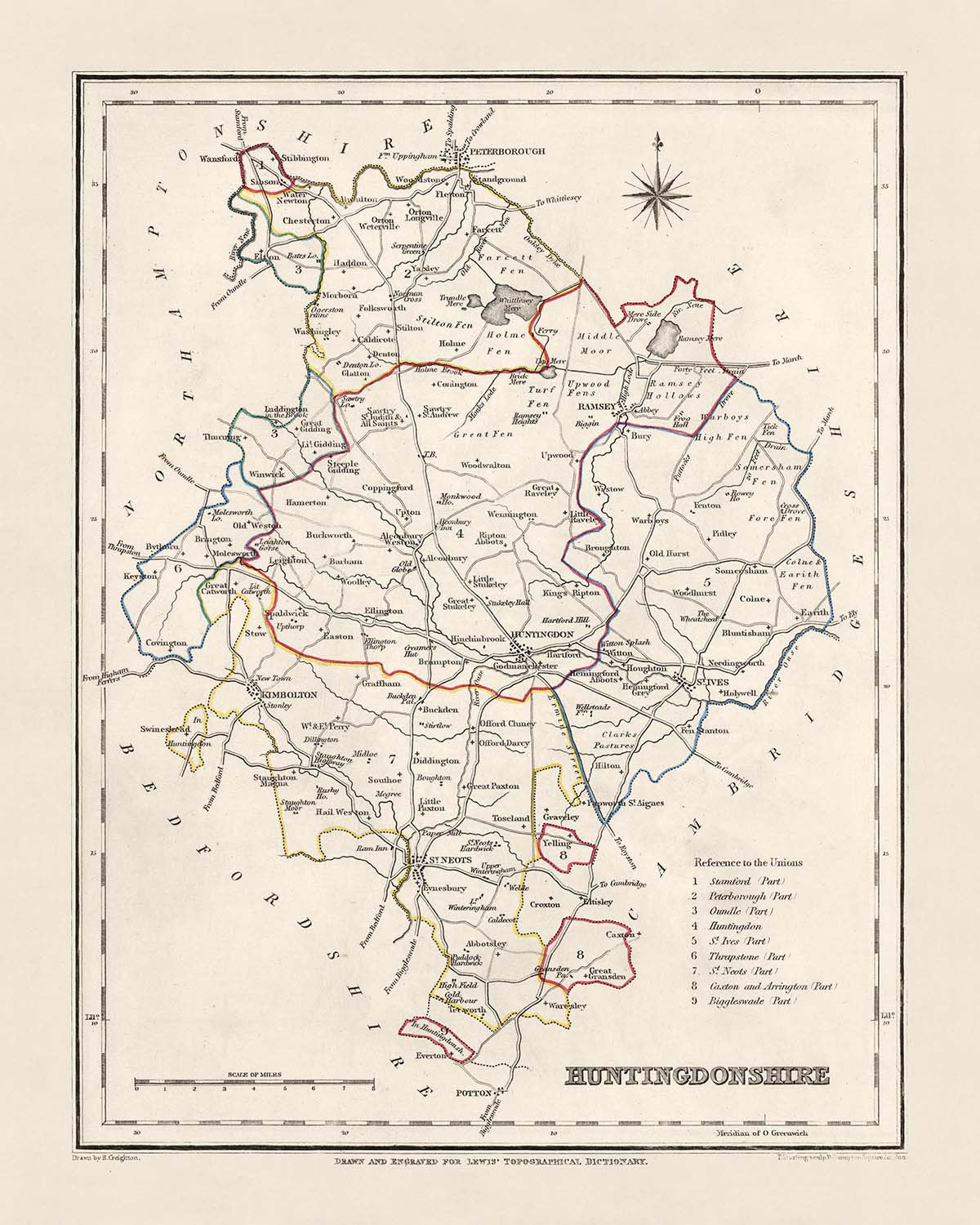 Mapa antiguo de Huntingdonshire por Samuel Lewis, 1844: St. Ives, St. Neots, Ramsey, Godmanchester y Kimbolton