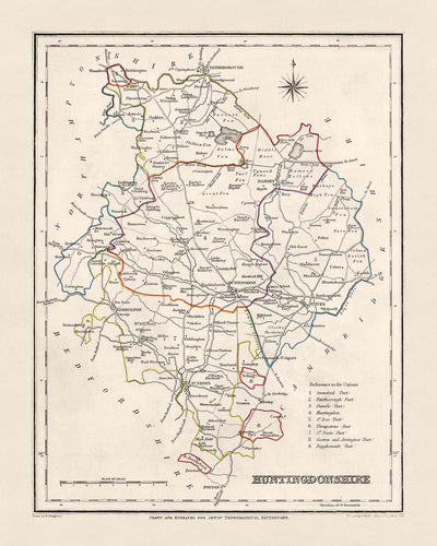 Mapa antiguo de Huntingdonshire por Samuel Lewis, 1844: St. Ives, St. Neots, Ramsey, Godmanchester y Kimbolton